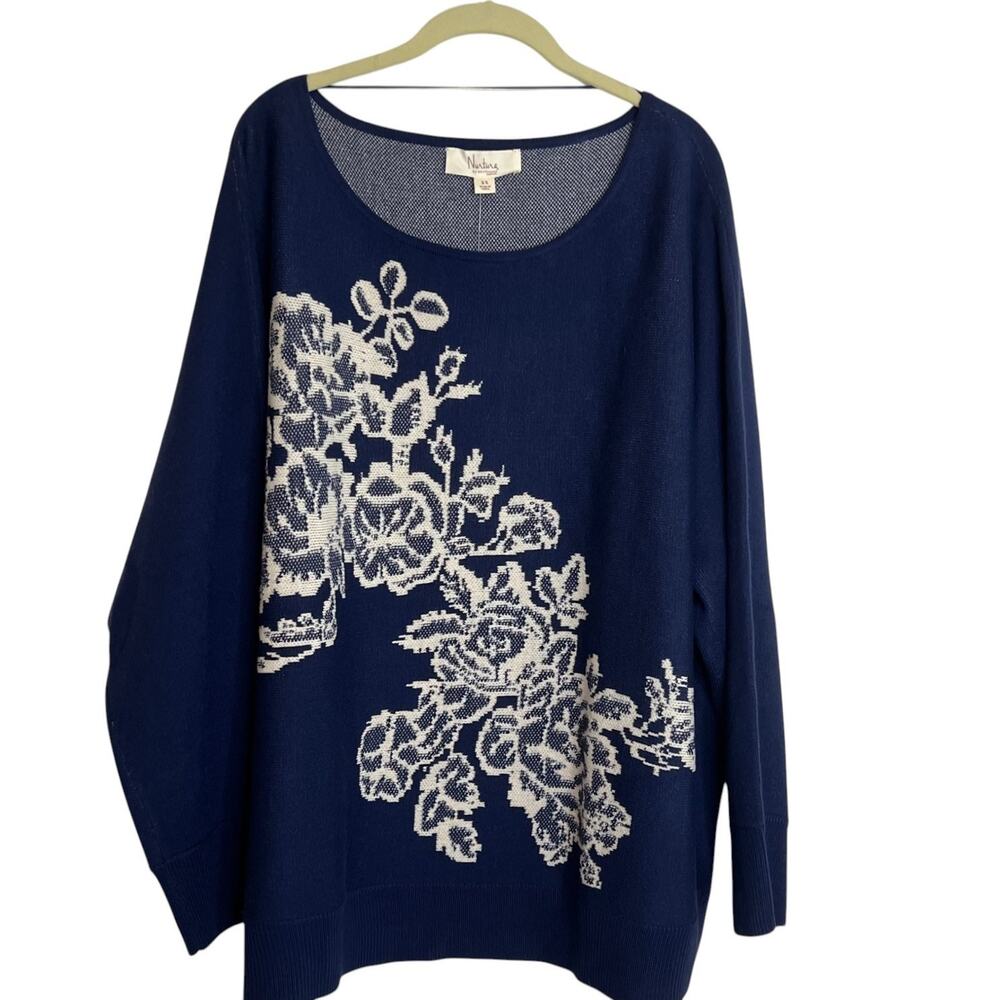 Nurture by Westbound Womens Sweater 2X Navy Blue White Floral Print Boat Neck